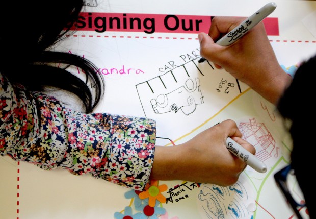 workshop participants work together to complete a map